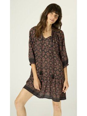 NATALIE MARTIN Stevie Floral Boho Tassel Tiered Dress Small Fleur De Black